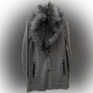 Michael Kors Gray Knit Cardigan with Faux Fur Trim
